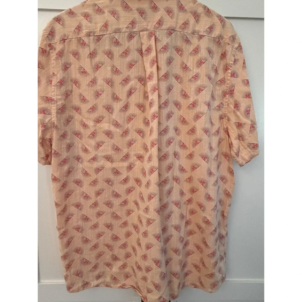 ROWM Mens XL Peach Rising Sun Print Short Sleeve Button Down Shirt Slub Texture